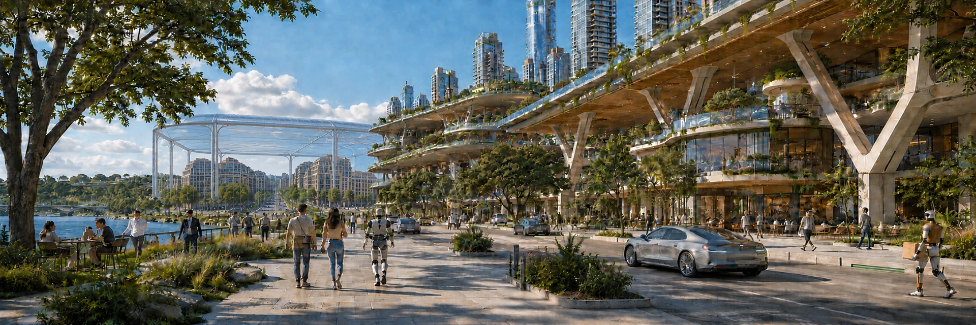 Rendering of Atlas: a waterfront city street with terraced green towers, pedestrians, humanoid robots, and a stadium in the distance